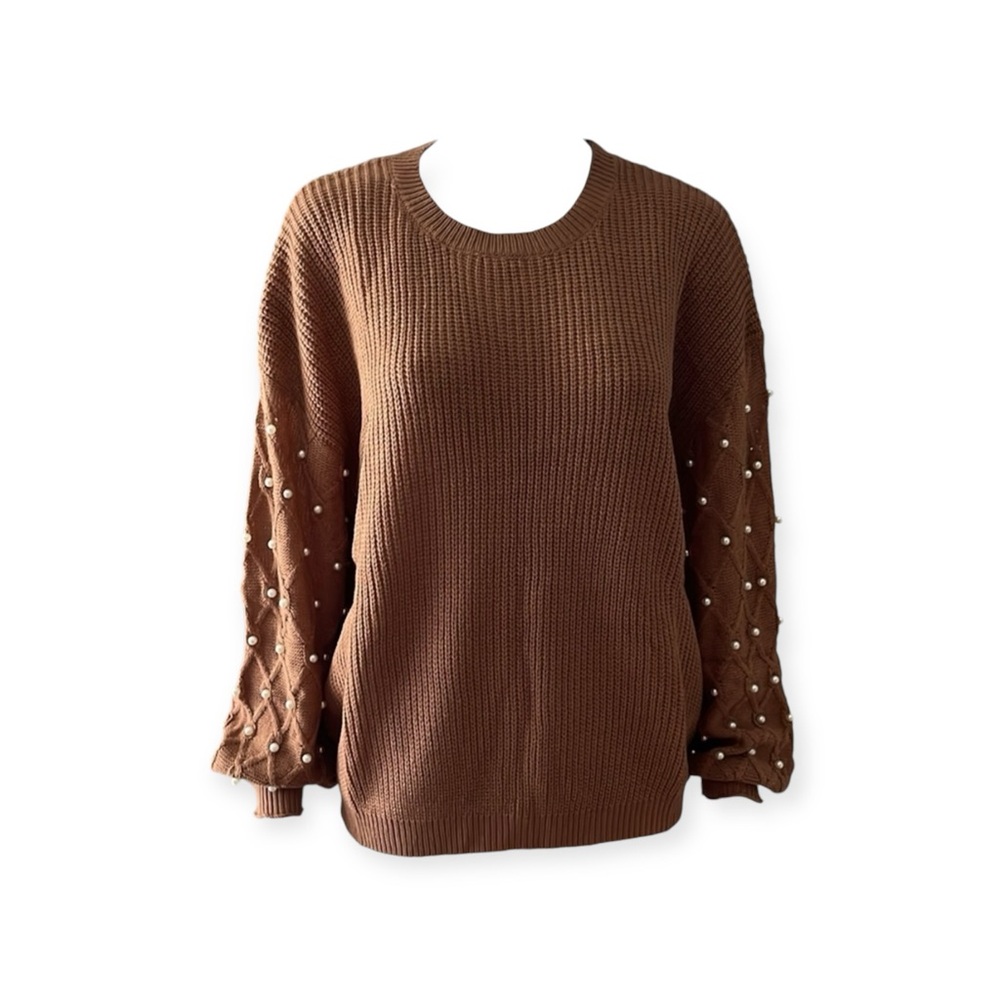SHEIN LUNE Brown Crewneck Sweater with Pearl Accented Sleeves Size 6 - Picture 1 of 8